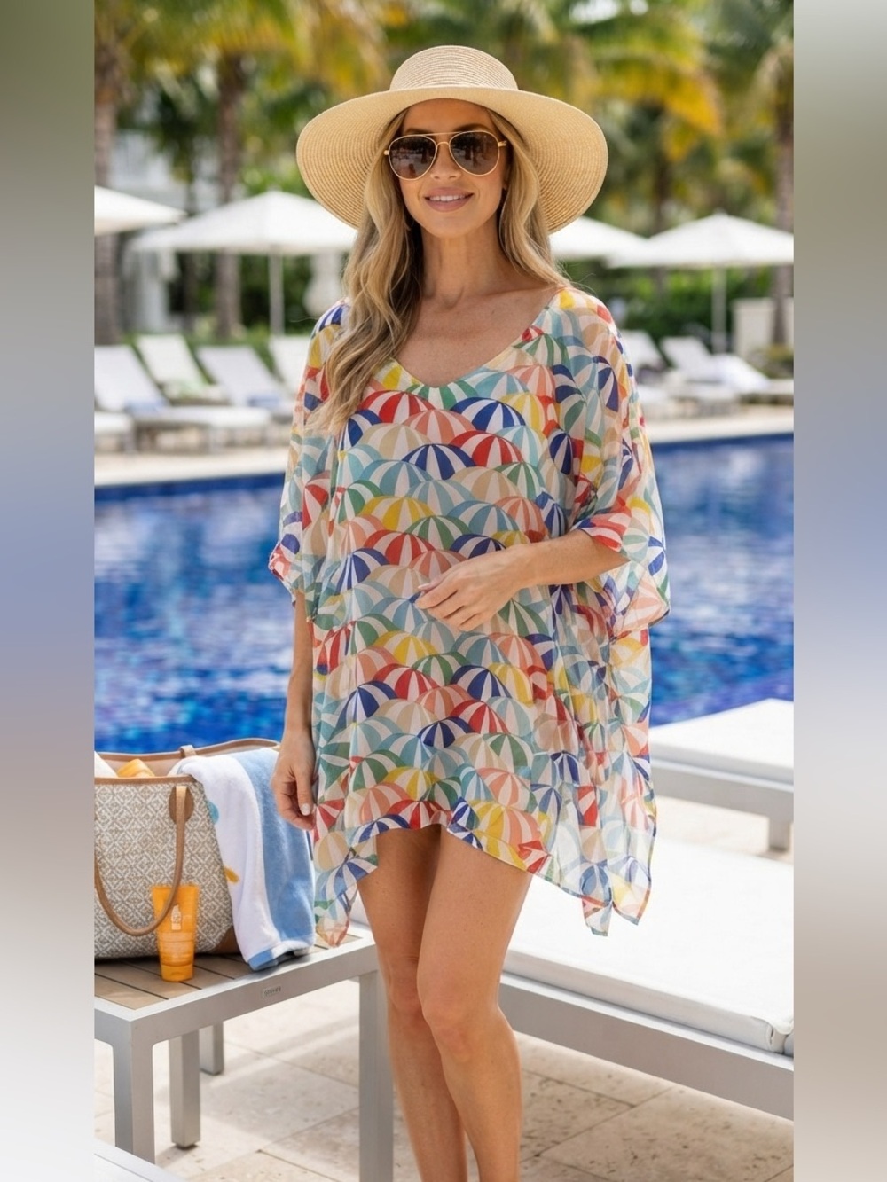 Molly Bracken Tunic Top Swim Cover Sz S Beach Umbrellas V neck Sheer Assymetric